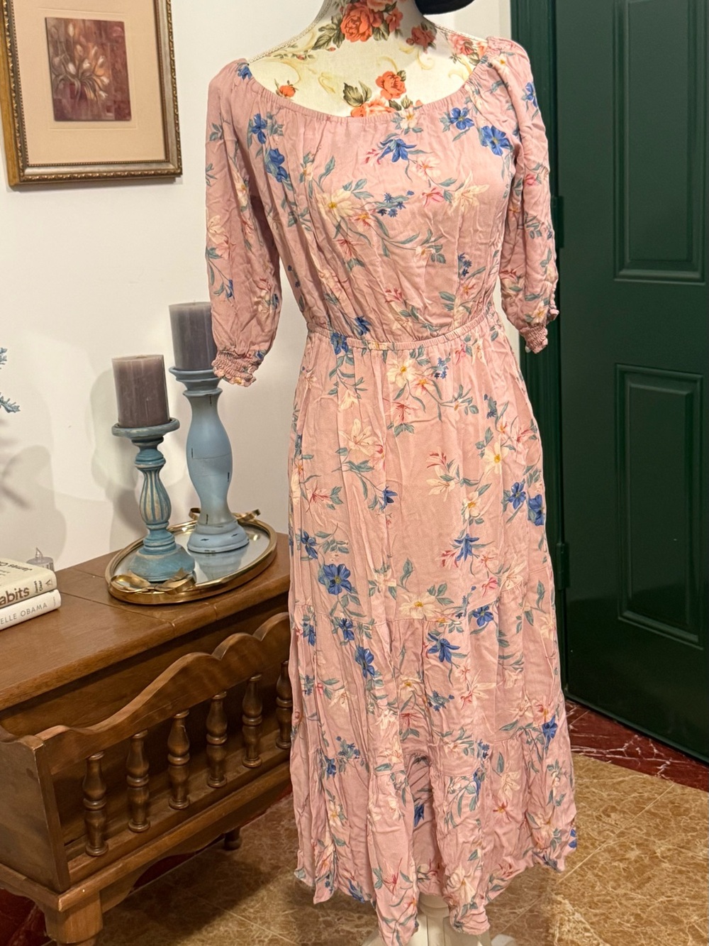 Divided Pink Floral Midi Dress with Blue Flower Accents